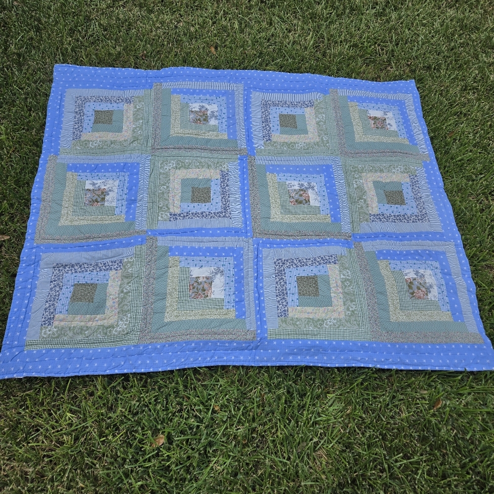 Vintage Log Cabin Lap Quilt stripe logcabin block squares blue green crib quilt - Picture 4 of 14